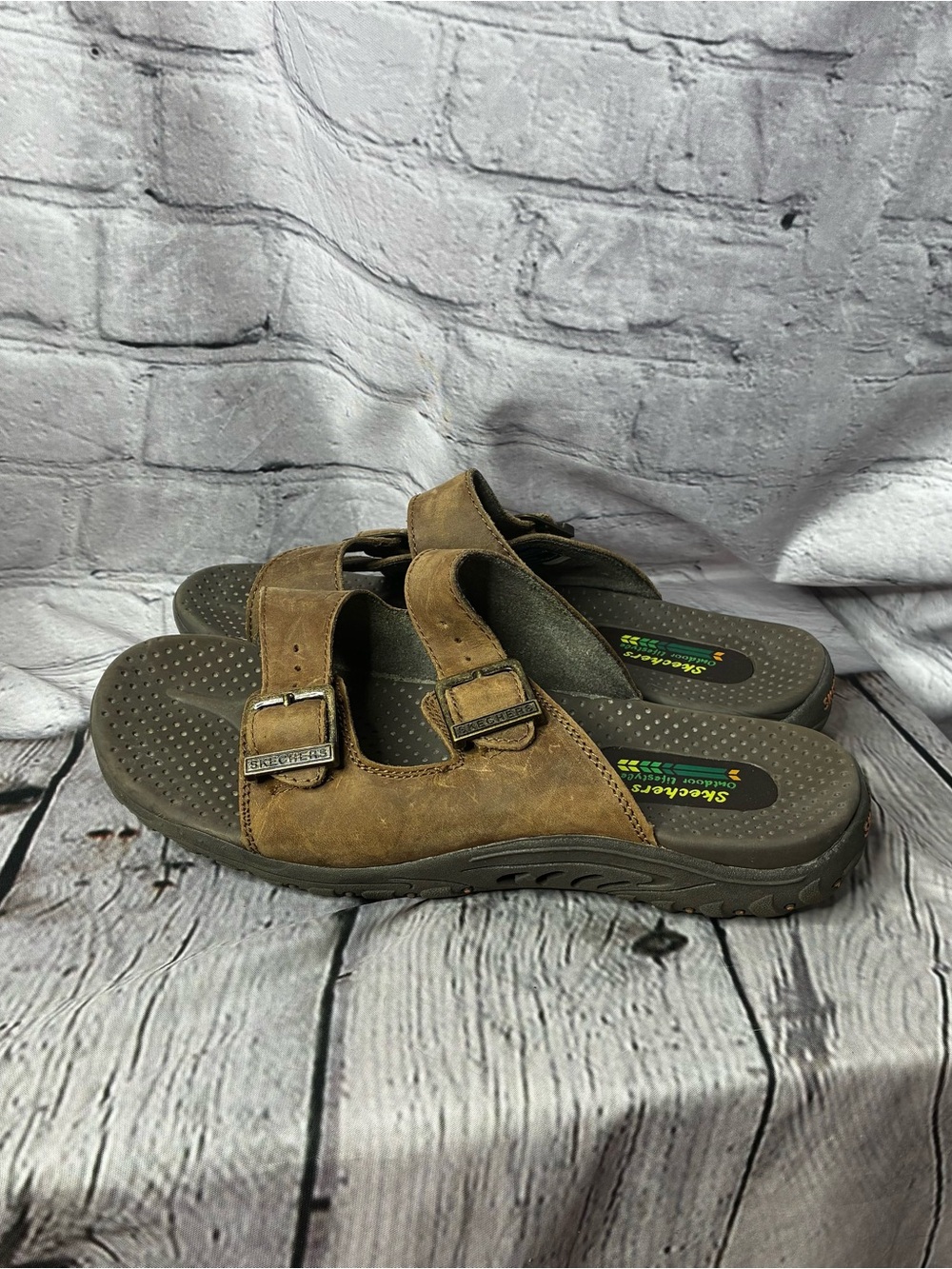 Skechers Reggae Jammin Gorpcore Crunchy Granola Sheek Leather‎ Slide Sandals 10